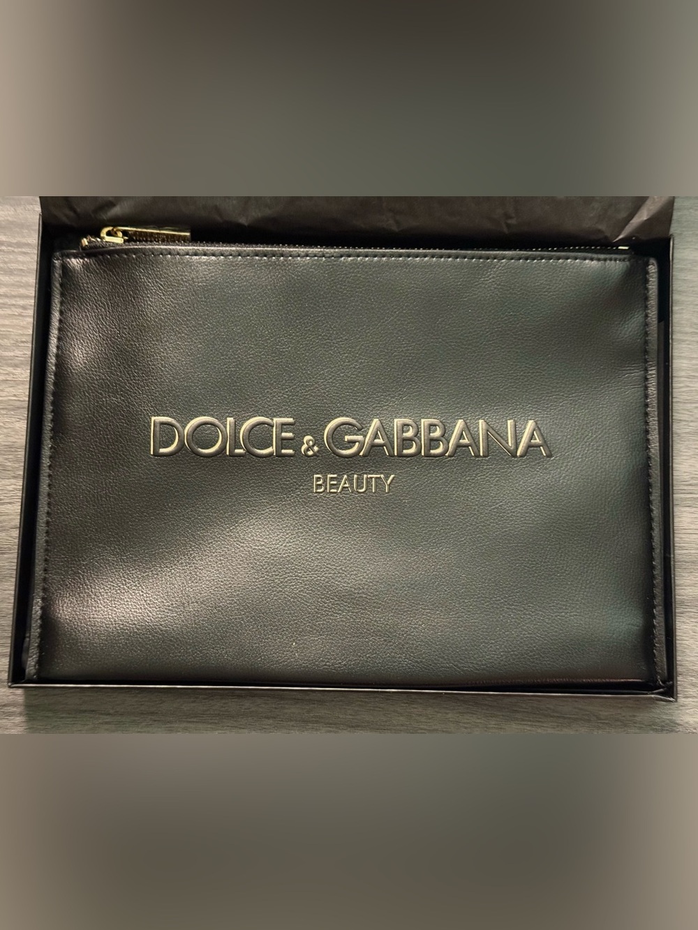 Dolce & Gabbana Black Clutch Embossed Beauty Bag with Gold Tone Hardware NIB
